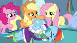 Size: 1280x720 | Tagged: safe, imported from derpibooru, screencap, applejack, fluttershy, pinkie pie, rainbow dash, tank, pony, tanks for the memories, bathrobe, clothes, crying, dashie slippers, hug, sadbow dash, slippers, tank slippers