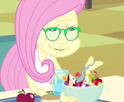 Size: 1025x841 | Tagged: safe, edit, edited screencap, imported from derpibooru, screencap, fluttershy, equestria girls, equestria girls (movie), costanza, costanza face, costanza.jpg, cursed, cursed image, female, fruit bowl, glasses, ishygddt, meme, reaction image, seinfeld, solo