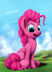 Size: 1024x1415 | Tagged: safe, artist:insanerobocat, imported from derpibooru, pinkie pie, earth pony, pony, female, grass, mare, open mouth, sitting, sky, smiling, solo