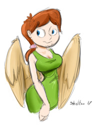 Size: 458x590 | Tagged: safe, artist:shieltar, imported from derpibooru, oc, oc only, oc:grace harmony, human, clothes, colored sketch, dress, humanized, simple background, solo, white background, winged human