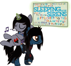 Size: 1473x1378 | Tagged: safe, artist:lightningbolt, derpibooru exclusive, imported from derpibooru, earth pony, pony, undead, unicorn, zombie, zombie pony, .svg available, advertising, angry, annoyed, bags under eyes, blood, bloodshot eyes, bone, bring me the horizon, candy gore, chipped tooth, clothes, colored pupils, crossed legs, disguised siren, drop dead clothing, duo, duo male, emo, eyes closed, fangs, frown, glow, glowing, glowing horn, gore, hair over one eye, hooves behind head, horn, jewelry, kellin quinn, leaning back, lip piercing, long sleeves, magic, male, messy mane, messy tail, music notes, necklace, nosebleed, oliver sykes, on back, open mouth, peeling flesh, piercing, ponies riding ponies, ponified, pulled up sleeve, rainbow blood, raised hoof, raised leg, relaxing, riding, scar, shirt, show accurate, sign, simple background, singing, sirens doing siren things, sleeping with sirens, slit eyes, slit pupils, stallion, stitches, svg, t-shirt, tattered, tattoo, text, tilde, torn clothes, torn ear, torn flesh, transparent background, trap, vector, walking