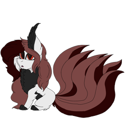 Size: 2560x2560 | Tagged: safe, artist:brokensilence, imported from derpibooru, oc, oc only, oc:mira songheart, earth pony, fox, fox pony, hybrid, original species, pony, chest fluff, chibi, fangs, kitsune, kitsune pony, multiple tails, open mouth, paws, red eyes, simple background, sitting, solo, transparent background