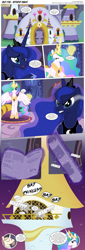 Size: 3300x9701 | Tagged: safe, artist:perfectblue97, imported from derpibooru, kibitz, princess celestia, princess luna, alicorn, pony, unicorn, comic:without magic, absurd resolution, canterlot castle, comic, document, glowing, glowing horn, horn, magic, newspaper, telekinesis