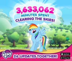 Size: 940x788 | Tagged: safe, imported from derpibooru, rainbow dash, pegasus, pony, clearing the sky, female, gameloft, inconsistent line weight, mare, my little pony logo, official, solo, statistics, tree, walking