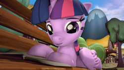 Size: 1920x1080 | Tagged: safe, artist:vantusman, imported from derpibooru, twilight sparkle, alicorn, pony, 3d, bench, book, female, nose wrinkle, ponyville, reading, scenebuild, solo, source filmmaker, twilight sparkle (alicorn)