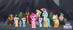 Size: 2048x858 | Tagged: safe, imported from derpibooru, screencap, applejack, boyle, capper dapperpaws, captain celaeno, fluttershy, lix spittle, mullet (character), murdock, pinkie pie, princess skystar, rainbow dash, rarity, spike, anthro, classical hippogriff, dragon, hippogriff, parrot pirates, my little pony: the movie, chest fluff, mullet (g4), official, pirate, squabble