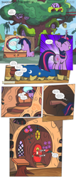 Size: 3000x6985 | Tagged: safe, artist:perfectblue97, imported from derpibooru, twilight sparkle, pony, unicorn, comic:shadows of the past, absurd resolution, bed, book, bookshelf, comic, female, golden oaks library, list, solo, unicorn twilight