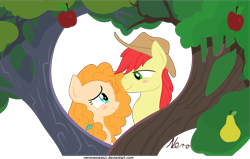 Size: 5919x3766 | Tagged: safe, artist:neronemesis1, imported from derpibooru, bright mac, pear butter, earth pony, pony, season 7, the perfect pear, absurd resolution, apple, blushing, brightbutter, female, food, high res, intertwined trees, looking at each other, male, mare, pear, previous generation, shipping, simple background, smiling, smiling at each other, stallion, straight, transparent background