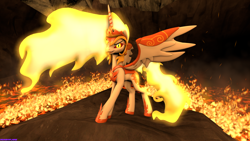 Size: 3840x2160 | Tagged: safe, artist:rainbowdashydg, imported from derpibooru, daybreaker, alicorn, pony, a royal problem, 3d, female, lava, solo, source filmmaker