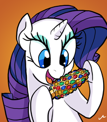 Size: 4200x4800 | Tagged: safe, artist:docwario, imported from derpibooru, rarity, pony, unicorn, absurd resolution, corn, female, food, gem, mare, orange background, rarity looking at food, simple background, smiling, solo