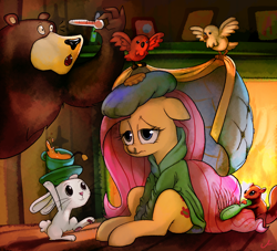 Size: 3300x3000 | Tagged: safe, artist:docwario, imported from derpibooru, angel bunny, fluttershy, harry, bear, bird, pegasus, pony, squirrel, blanket, caring for the sick, clothes, cup, cute, female, fireplace, floppy ears, food, hairbrush, mare, mucus, plate, robe, runny nose, sick, smiling, tea, teacup, thermometer