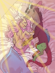 Size: 1536x2048 | Tagged: safe, artist:loladotz, imported from derpibooru, discord, fluttershy, bed, crepuscular rays, discoshy, eyes closed, female, male, on side, pillow, shipping, side, sleeping, straight, unshorn fetlocks