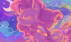 Size: 1600x960 | Tagged: safe, artist:daycolors, imported from derpibooru, pinkie pie, earth pony, pony, crescent moon, eyes closed, female, gypsy pie, moon, musical instrument, solo, stars, tambourine