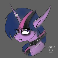 Size: 693x684 | Tagged: safe, artist:zeezou2, imported from derpibooru, twilight sparkle, alicorn, pony, alternate hairstyle, bust, cheek fluff, chest fluff, choker, dyed mane, ear piercing, earring, eyeroll, eyeshadow, female, fluffy, goth, gray background, horn ring, it's a phase, jewelry, makeup, mare, necklace, nose piercing, nose ring, piercing, portrait, signature, simple background, solo, spiked choker