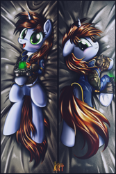 Size: 2000x3000 | Tagged: safe, artist:ruhisu, imported from derpibooru, oc, oc only, oc:littlepip, pony, unicorn, fallout equestria, blushing, body pillow, body pillow design, clothes, fanfic, fanfic art, female, hooves, horn, jumpsuit, looking at you, lying down, mare, on back, on side, open mouth, pipbuck, side, smiling, solo, uniform, vault suit