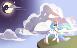 Size: 2834x1757 | Tagged: safe, artist:fluffleduckle, imported from derpibooru, princess celestia, alicorn, pony, cliff, cloud, crying, female, mare in the moon, moon, solo, stars