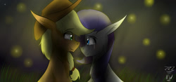 Size: 1776x828 | Tagged: safe, artist:zeezou2, imported from derpibooru, applejack, rarity, earth pony, firefly (insect), pony, unicorn, cheek fluff, chest fluff, female, lesbian, looking at each other, mare, rarijack, shipping, signature, smiling, teary eyes