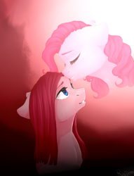 Size: 608x794 | Tagged: safe, artist:nika-rain, imported from derpibooru, pinkie pie, earth pony, pony, bust, crying, duality, eyes closed, female, floppy ears, forehead kiss, gradient background, mare, pinkamena diane pie, portrait, sad, smiling