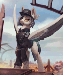 Size: 586x700 | Tagged: safe, artist:rodrigues404, imported from derpibooru, oc, oc only, pegasus, pony, animated, cinemagraph, clothes, commission, enclave, fallout, gif, hat, military, raised hoof, smiling, solo, spread wings, wings
