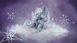 Size: 1920x1080 | Tagged: safe, artist:foxtailpegasus, imported from derpibooru, oc, oc only, oc:snowdrop, pony, cloud, snow, snowflake, solo