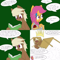 Size: 1600x1600 | Tagged: safe, artist:jake heritagu, imported from derpibooru, scootaloo, oc, oc:lightning blitz, oc:sandy hooves, earth pony, pegasus, pony, comic:ask motherly scootaloo, baby, baby pony, book, chewing, colt, comic, dialogue, eating, female, hairpin, holding a pony, male, mare, mother and son, motherly scootaloo, offspring, older, older scootaloo, parent:rain catcher, parent:scootaloo, parents:catcherloo, speech bubble, sweatshirt, table, teething ring