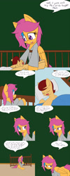 Size: 1600x4000 | Tagged: safe, artist:jake heritagu, imported from derpibooru, scootaloo, oc, oc:lightning blitz, pegasus, pony, comic:ask motherly scootaloo, baby, baby pony, blanket, colt, comic, crib, duo, female, hairpin, holding a pony, male, mother and son, motherly scootaloo, offspring, older, older scootaloo, parent:rain catcher, parent:scootaloo, parents:catcherloo, pillow, speech bubble, sweatshirt