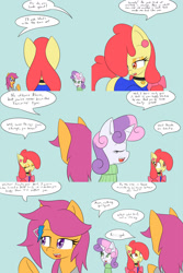 Size: 1600x2400 | Tagged: safe, artist:jake heritagu, imported from derpibooru, apple bloom, scootaloo, sweetie belle, pony, comic:ask motherly scootaloo, blushing, clothes, comic, hairpin, motherly scootaloo, sweatshirt