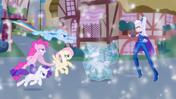 Size: 1920x1080 | Tagged: safe, artist:dashiemlpfim, imported from derpibooru, fluttershy, pinkie pie, rainbow dash, rarity, twilight sparkle, twilight sparkle (alicorn), alicorn, pony, equestria girls, bondage, crossover, encasement, equestria girls-ified, female, fight, frozen, ice, icy, mare, ponyville, smiling, winx club, witch