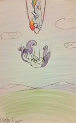 Size: 1024x1650 | Tagged: safe, artist:binkyt11, imported from derpibooru, rainbow dash, rarity, pegasus, pony, unicorn, sonic rainboom (episode), chibi, crying, falling, female, mare, newbie artist training grounds, sonic rainboom, traditional art