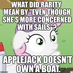 Size: 500x500 | Tagged: safe, imported from derpibooru, applejack, rarity, sweetie belle, pony, unicorn, art of the dress, exploitable meme, female, filly, image macro, meme, obligatory pony, slowpoke, solo, song reference, sudden clarity sweetie belle, sweetiedumb