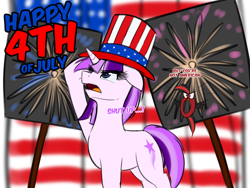 Size: 1600x1200 | Tagged: safe, artist:jcosneverexisted, imported from derpibooru, oc, oc only, oc:shooting spark, pony, unicorn, 4th of july, american independence day, dialogue, duo, female, fireworks, hat, holiday, mare, murica, salute, top hat, united states