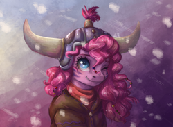 Size: 1500x1100 | Tagged: safe, artist:alina-sherl, imported from derpibooru, pinkie pie, pony, not asking for trouble, cute, diapinkes, female, helmet, honorary yak horns, horned helmet, mare, one eye closed, solo, viking helmet