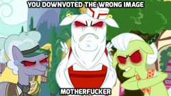 Size: 1024x576 | Tagged: safe, edit, edited screencap, imported from derpibooru, screencap, bulk biceps, clarity cut, granny smith, pony, all bottled up, anger magic, angry, floppy ears, image macro, jeweler pony, magic, meme, red eyes, vulgar