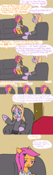 Size: 2400x7800 | Tagged: safe, imported from derpibooru, scootaloo, oc, oc:psyche, pony, comic:ask motherly scootaloo, absurd resolution, clothes, comic, couch, motherly scootaloo, psyche-phd, sweatshirt, therapist