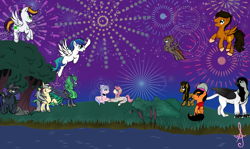 Size: 2554x1527 | Tagged: safe, artist:silversthreads, imported from derpibooru, oc, oc only, oc:barn cat, oc:dan, oc:dante, oc:flashy, oc:intrepid charm, oc:jared, oc:mercury shine, oc:newy, oc:serenity, oc:silverthread, oc:sylvan, oc:thunder chaser, griffon, original species, unicorn, 4th of july, american independence day, braid, cattails, celebrating, choker, clothes, dreadlocks, fireworks, flower, flower in hair, flying, freedomfillies, group, hat, holiday, independence day, lake, laughing, looking back, looking up, night, reeds, sunglasses, tree, unshorn fetlocks, vest