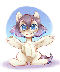 Size: 2338x2800 | Tagged: safe, artist:aphphphphp, imported from derpibooru, oc, oc only, pegasus, pony, female, freckles, mare, sitting, solo, spread wings, wings