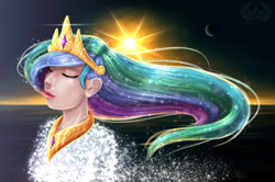 Size: 1378x916 | Tagged: safe, artist:mcbruceninja, artist:valorianna, imported from derpibooru, princess celestia, human, eyes closed, humanized, moon, sun