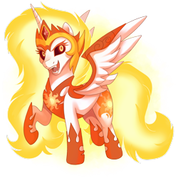 Size: 2048x2048 | Tagged: safe, artist:sacredroses-art, imported from derpibooru, daybreaker, alicorn, pony, a royal problem, female, open mouth, raised hoof, simple background, smiling, solo, spread wings, transparent background, wings