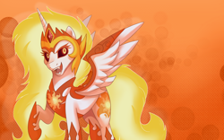 Size: 2560x1600 | Tagged: safe, artist:sacredroses-art, imported from derpibooru, daybreaker, a royal problem, female, open mouth, raised hoof, smiling, solo, spread wings, wallpaper, wings