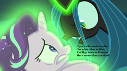 Size: 1280x720 | Tagged: safe, edit, edited screencap, imported from derpibooru, screencap, queen chrysalis, starlight glimmer, changeling, changeling queen, pony, unicorn, to where and back again, eye contact, female, gilbert and sullivan, looking at each other, lyrics, magic, magic aura, mare, song reference, text, threat, utopia limited