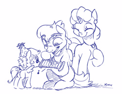 Size: 4160x3244 | Tagged: safe, artist:dilarus, deleted from derpibooru, imported from derpibooru, oc, oc only, oc:beat (dilarus), oc:free bird, oc:honeysuckle (dilarus), pegasus, pony, unicorn, absurd resolution, cute, eyes closed, hat, monochrome, party hat, simple background, sketch, white background, xylophone