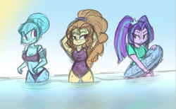 Size: 1379x852 | Tagged: safe, artist:themodpony, imported from derpibooru, adagio dazzle, aria blaze, sonata dusk, equestria girls, adoragio, ariabetes, beach, bikini, clothes, cute, inner tube, shirt, sketch, sonatabetes, swimsuit, t-shirt, water wings, wet