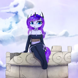 Size: 1593x1600 | Tagged: safe, artist:magnaluna, imported from derpibooru, princess luna, alicorn, anthro, plantigrade anthro, breasts, cleavage, clothes, collar, dress, ear fluff, female, galaxy mane, horn, mare, shoulder fluff, socks, solo, thigh highs