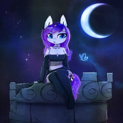 Size: 1593x1600 | Tagged: safe, artist:magnaluna, imported from derpibooru, princess luna, alicorn, anthro, plantigrade anthro, breasts, cleavage, clothes, collar, dress, ear fluff, female, galaxy mane, horn, mare, moon, night, shoulder fluff, socks, solo, thigh highs