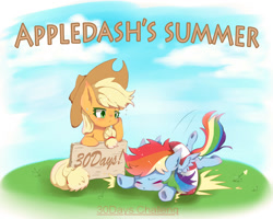 Size: 1500x1200 | Tagged: safe, artist:irenla, imported from derpibooru, applejack, rainbow dash, pony, appledash, eyes closed, female, inner tube, lesbian, rainbow crash, shipping, sign, sweat, underhoof