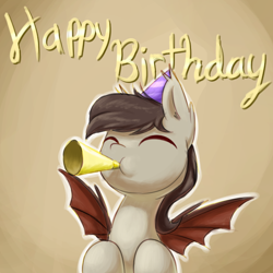 Size: 700x700 | Tagged: safe, artist:acersiii, imported from derpibooru, oc, oc only, oc:hartenas, pony, gradient background, happy birthday, hat, party hat, party horn, solo