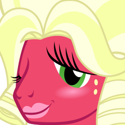 Size: 512x512 | Tagged: safe, artist:badumsquish, derpibooru exclusive, imported from derpibooru, big macintosh, earth pony, pony, derpibooru, badge, blushing, bust, concept art, crossdressing, freckles, lipstick, looking at you, makeup, male, meta, one eye closed, orchard blossom, portrait, smiling, solo, stupid sexy big macintosh, wig, wink