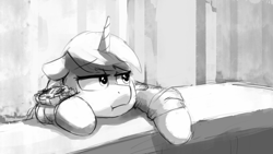 Size: 2439x1372 | Tagged: safe, artist:anticular, imported from derpibooru, oc, oc only, oc:littlepip, pony, unicorn, fallout equestria, fallout equestria illustrated, :i, black and white, clothes, fanfic, fanfic art, female, floppy ears, grayscale, horn, jumpsuit, mare, monochrome, pipbuck, sad, solo, vault suit