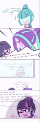 Size: 777x2370 | Tagged: safe, artist:yuck, imported from derpibooru, aria blaze, sci-twi, sonata dusk, sugarcoat, twilight sparkle, equestria girls, blushing, comic, dialogue, female, for science, glasses, implied lesbian, implied shipping, implied twinata