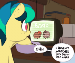 Size: 720x606 | Tagged: safe, artist:shinodage, imported from derpibooru, oc, oc only, oc:apogee, pegasus, pony, animated, bowl, cereal, delta vee's junkyard, ear freckles, female, food, freckles, gif, milk, potato pony, television, watching tv